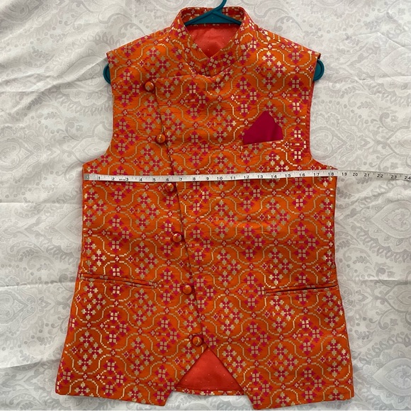 Men’s Orange Waistcoat Nehru Jacket (with pink pocket square) - Picture 6 of 7